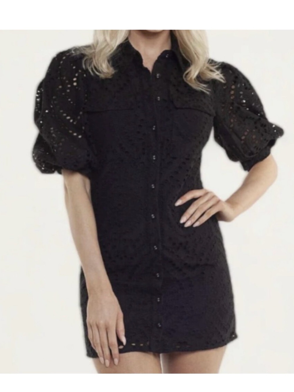 BARDOT Brody Black Sz 6  Eyelet Lace Mini Dress Buttons Puffed Sleeves EUC S